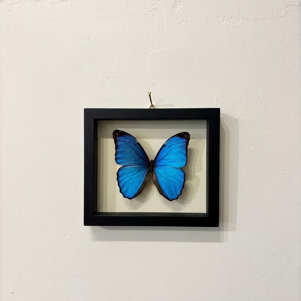 A framed butterfly wall art piece hanging on a textured off-white wall. The artwork features a preserved blue morpho butterfly inside a black shadow box frame with a clear top and gold hanging loop.