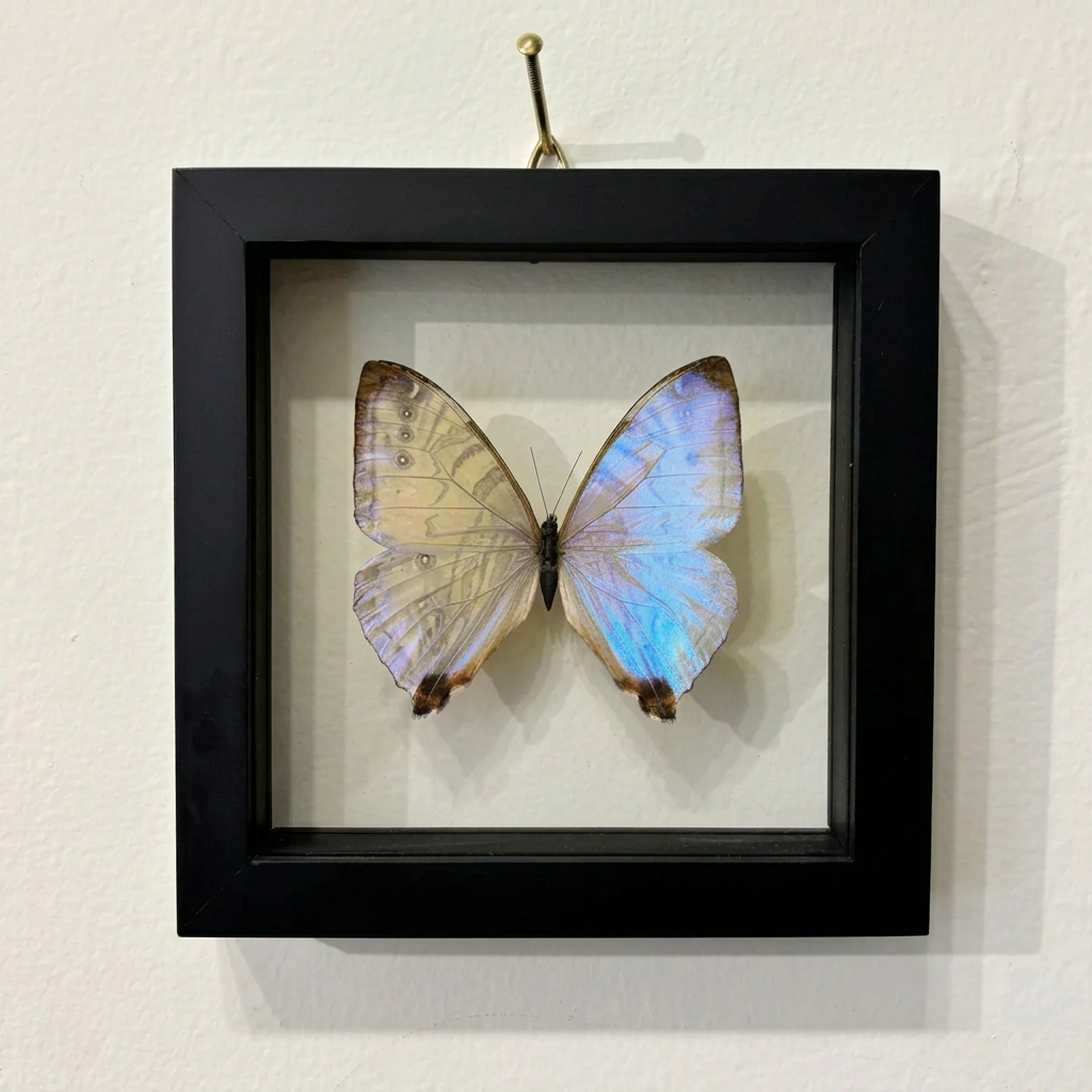 iridescent white butterfly inside a black frame on a white wall