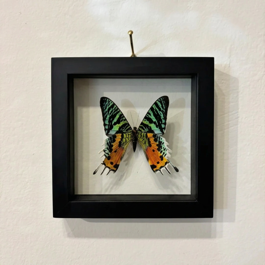 brightly colored orange, green, and black butterfly inside a black frame on a white wall