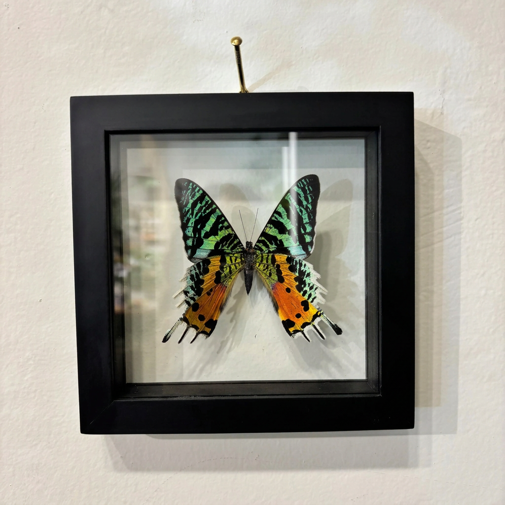 brightly colored orange, green, and black butterfly inside a black frame on a white wall