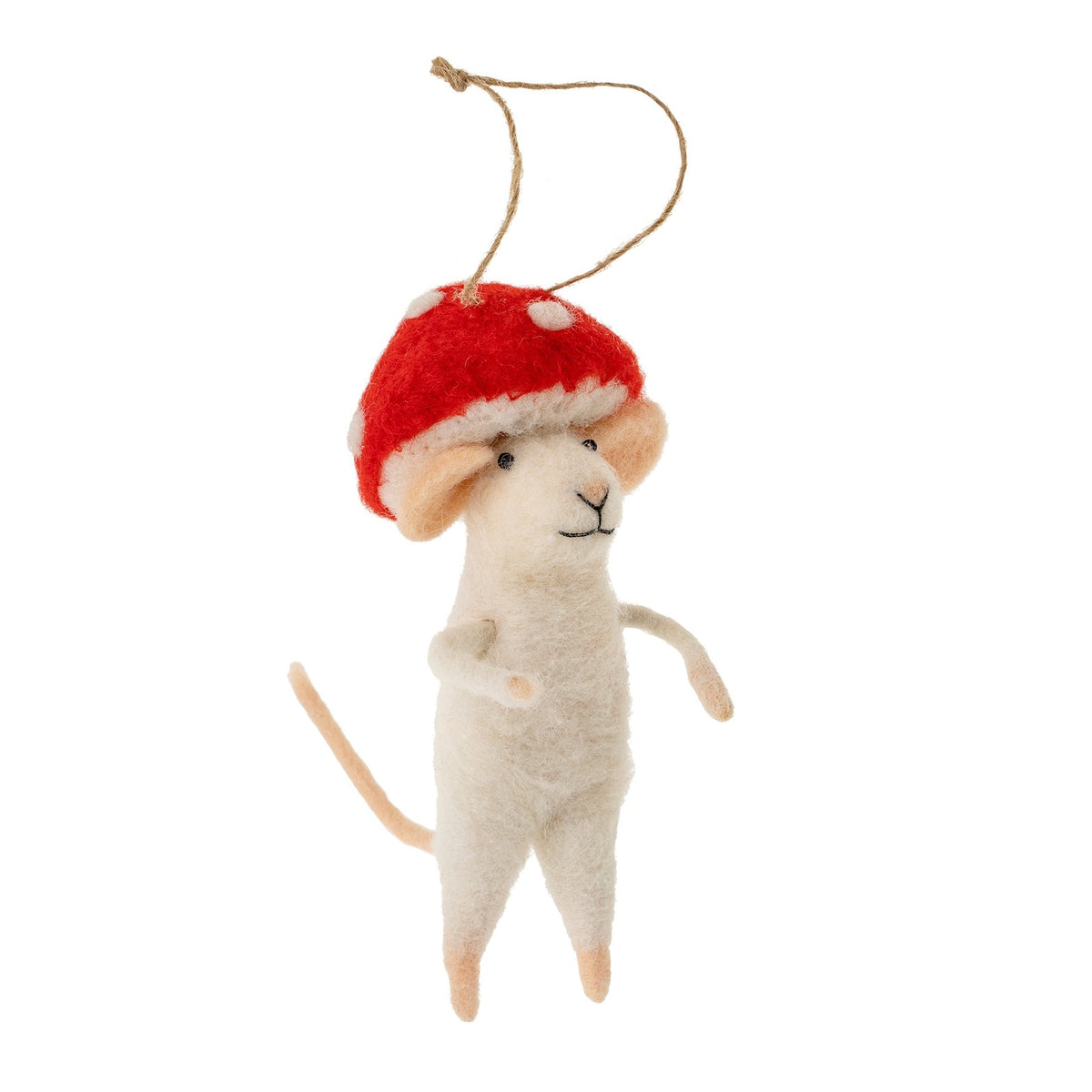 White felt mouse ornament with red and white mushroom hat