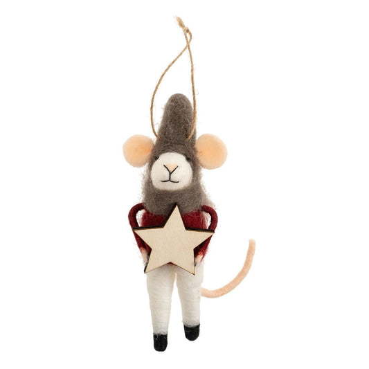 Felt mouse ornament holding a star on a white background