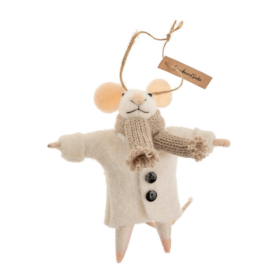 Decorative mouse ornament with a scarf and buttons, hanging on a white background.