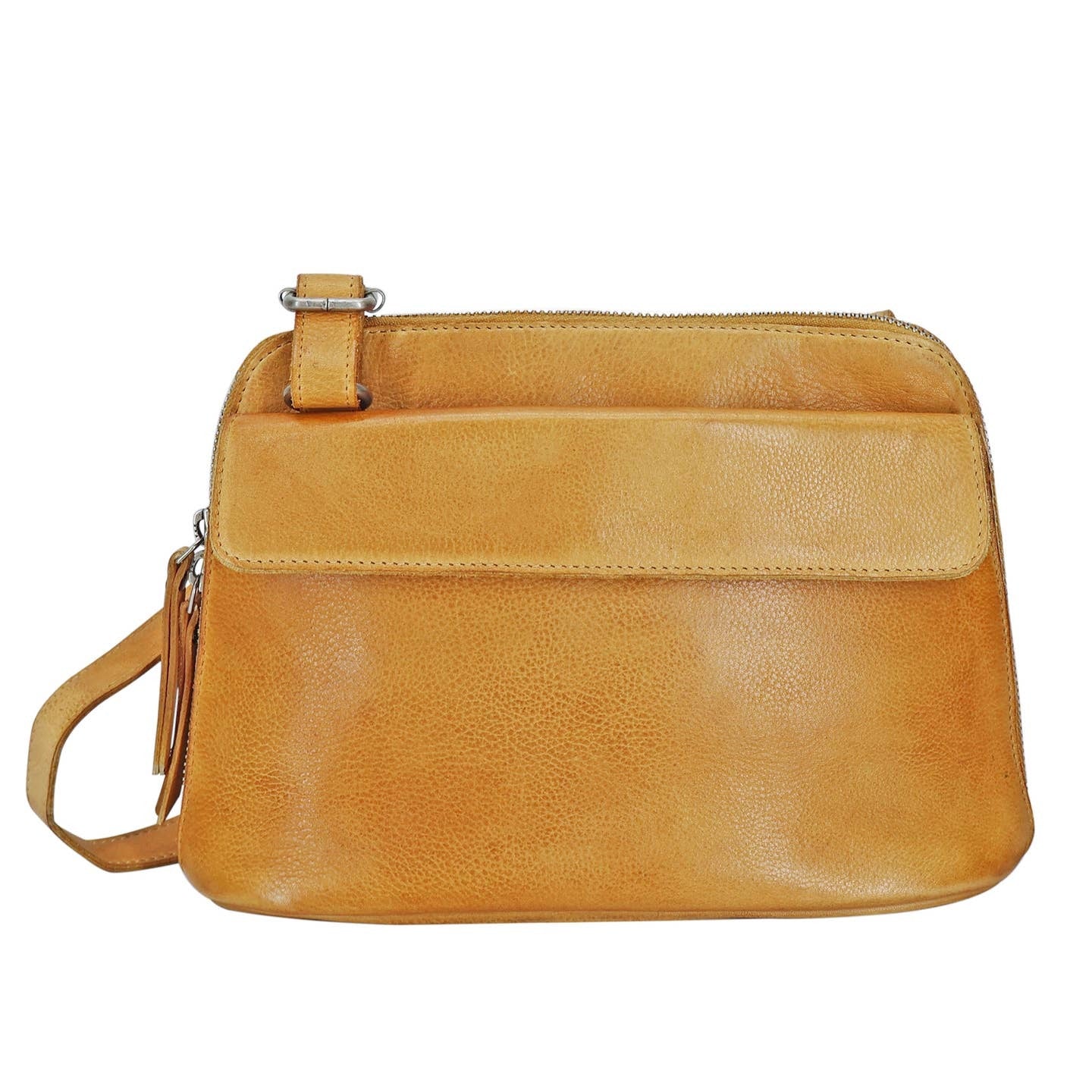 Brown leather handbag with a strap on a white background
