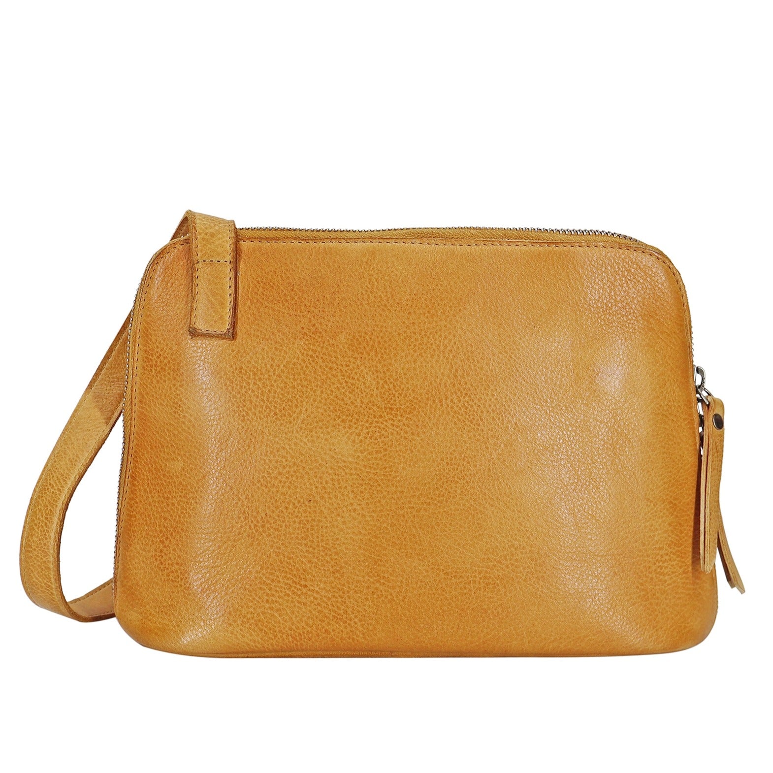 Yellow leather crossbody bag on a white background