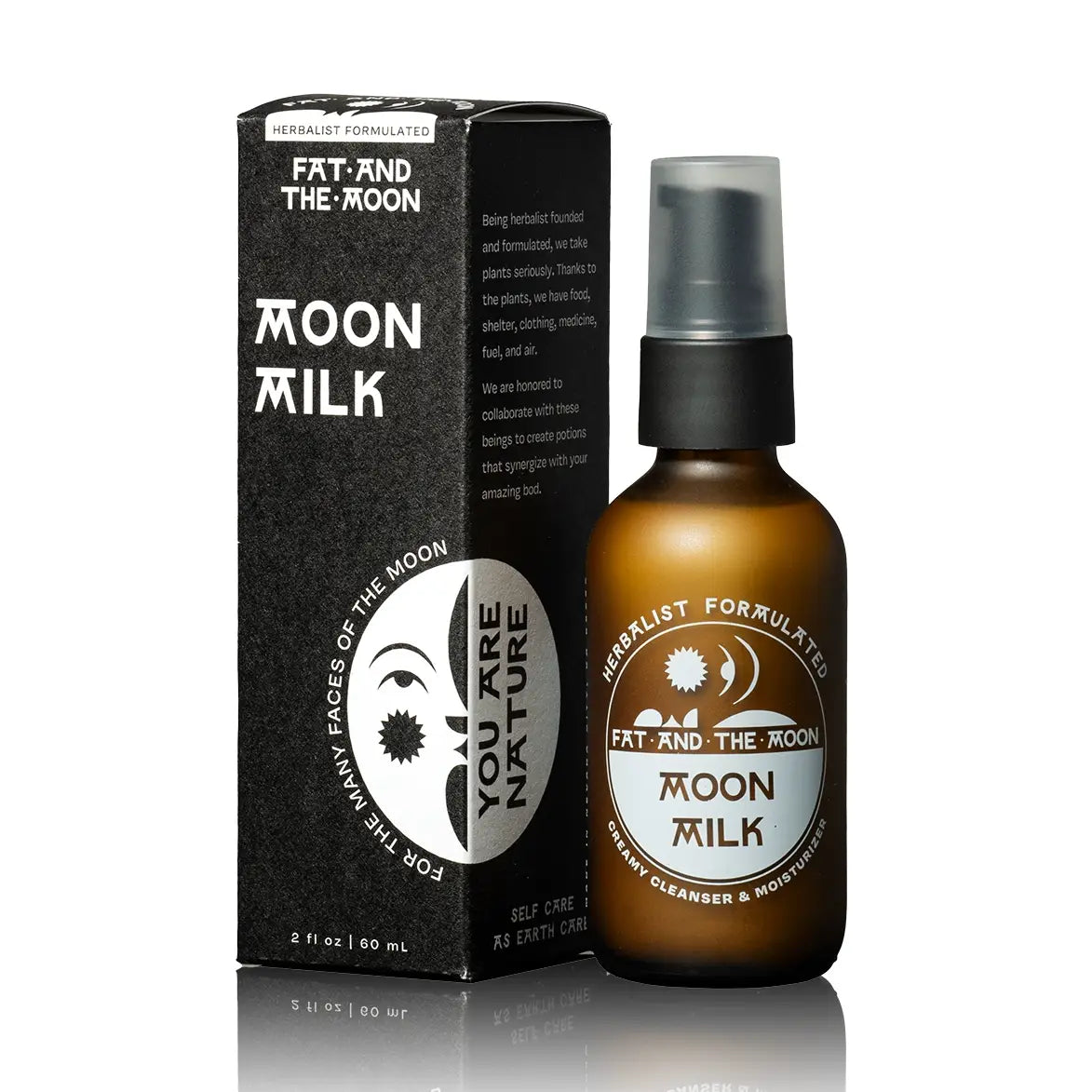 Bottle and packaging of Fat and The Moon Moon Milk on a white background