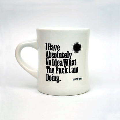 White mug with black text and design on a white background