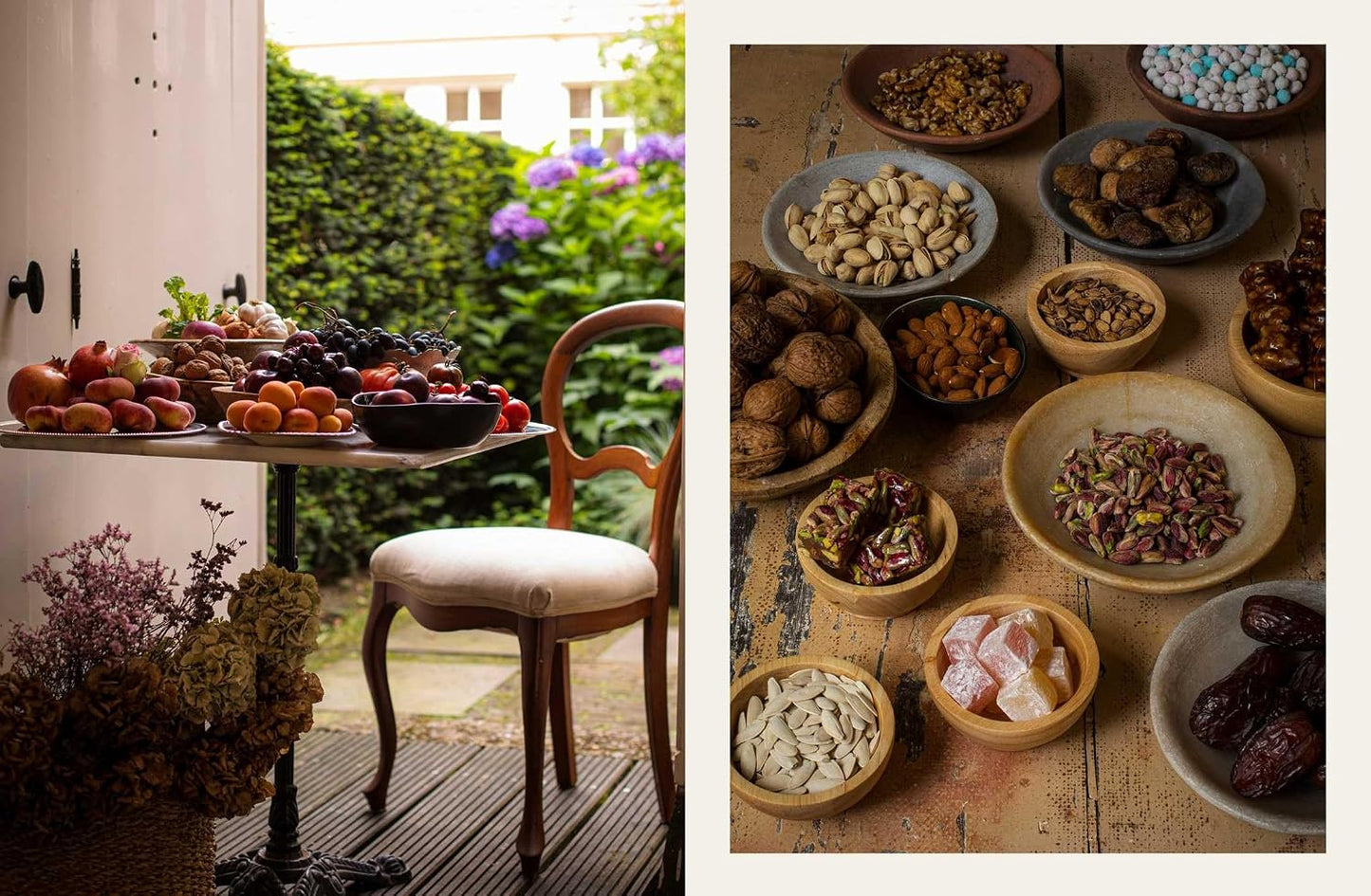 Outdoor setting with a table full of fruits and a close-up of various nuts and dried fruits on a wooden surface.