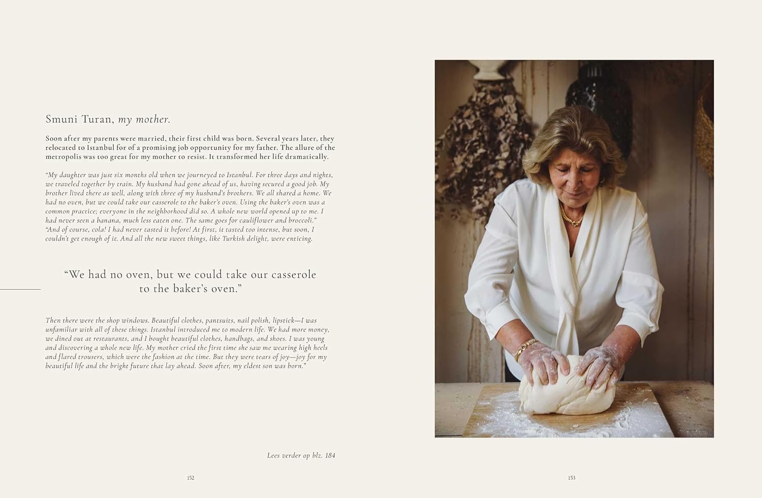 Woman kneading dough in a kitchen with text on the left side.