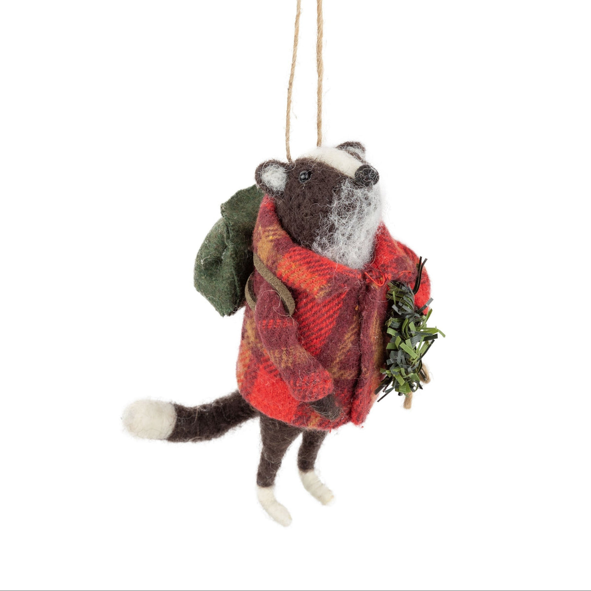 Felted badger ornament wearing a red plaid scarf with a white background