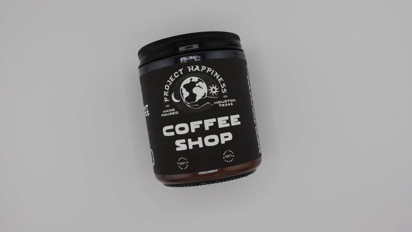 Black container labeled 'Coffee Shop' on a gray background