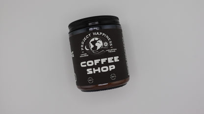 Black container labeled 'Coffee Shop' on a gray background