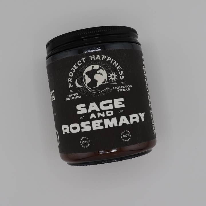 Black container labeled 'Sage and Rosemary' with branding on a gray background