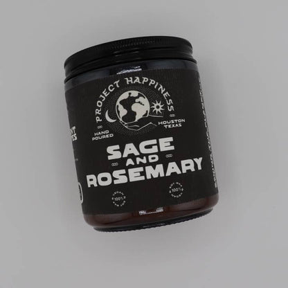 Black container labeled 'Sage and Rosemary' with branding on a gray background