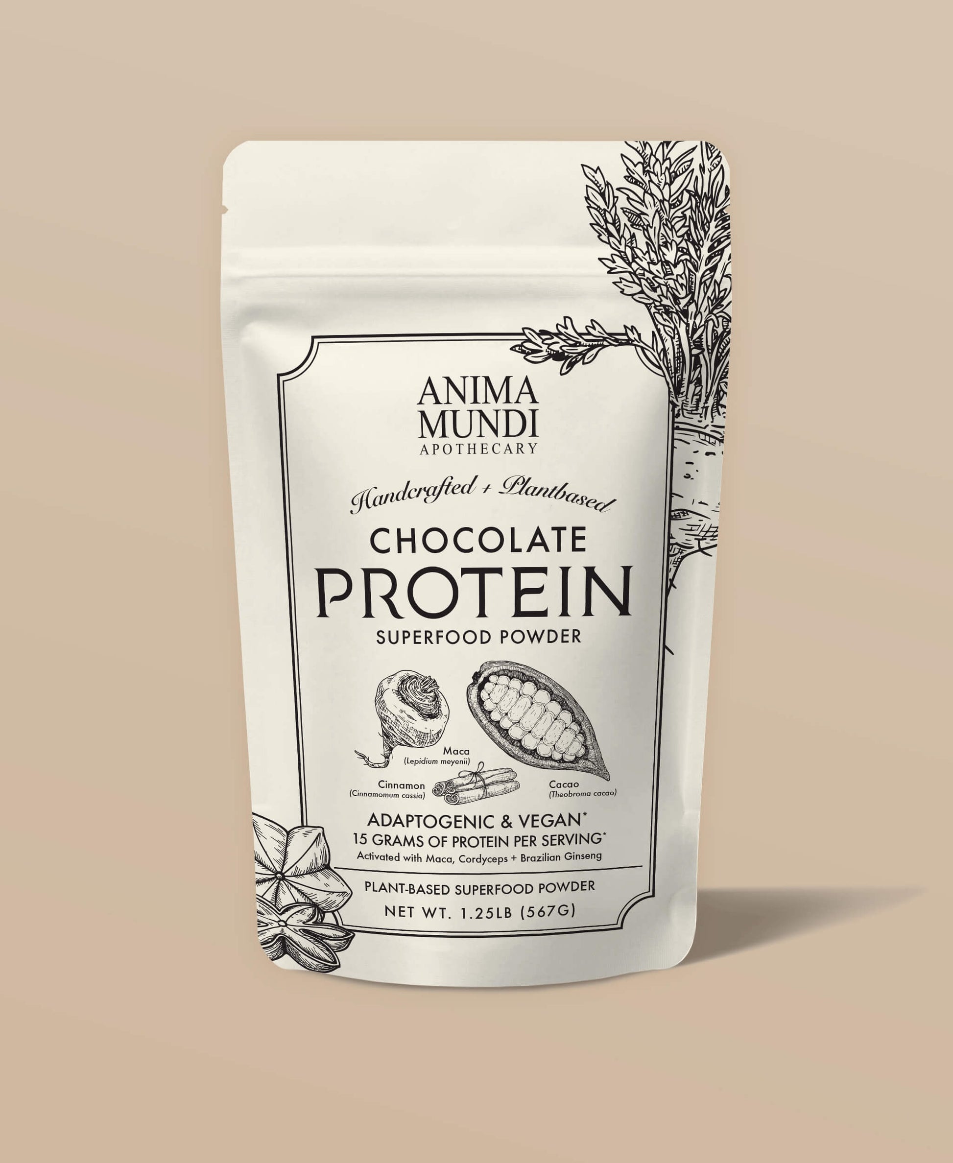 Anima Mundi chocolate protein superfood powder package on a beige background
