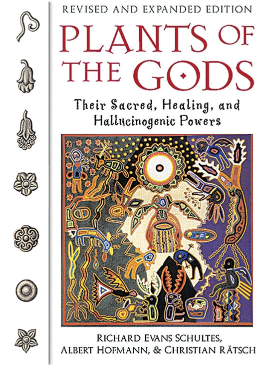 Book cover of 'Plants of the Gods' with colorful illustration and text.