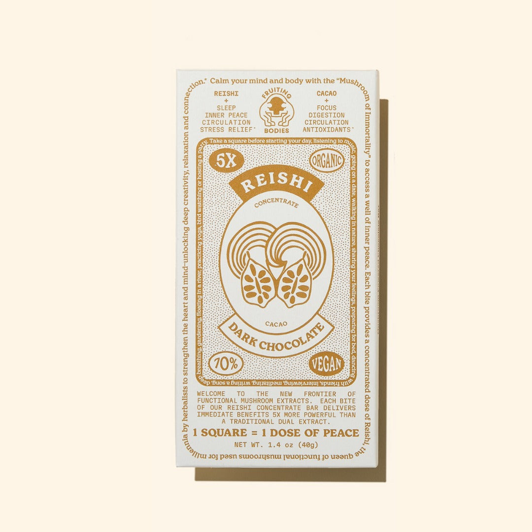 Dark chocolate bar packaging with Reishi label on a beige background