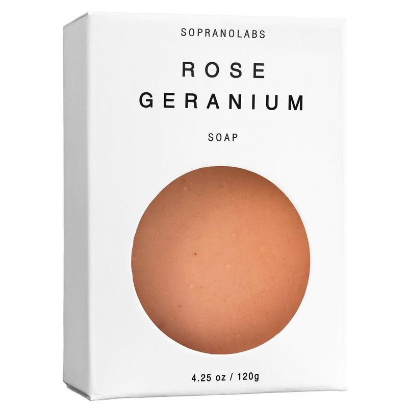 Box of Sopranolabs Rose Geranium soap on a white background