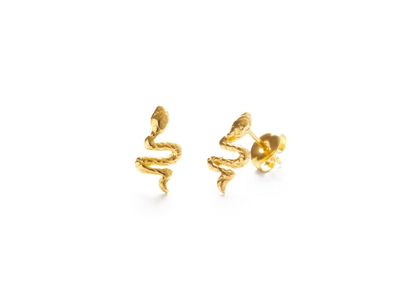 A pair of gold snake stud earrings on a clean white background.