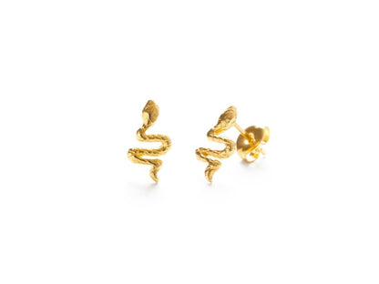 A pair of gold snake stud earrings on a clean white background.
