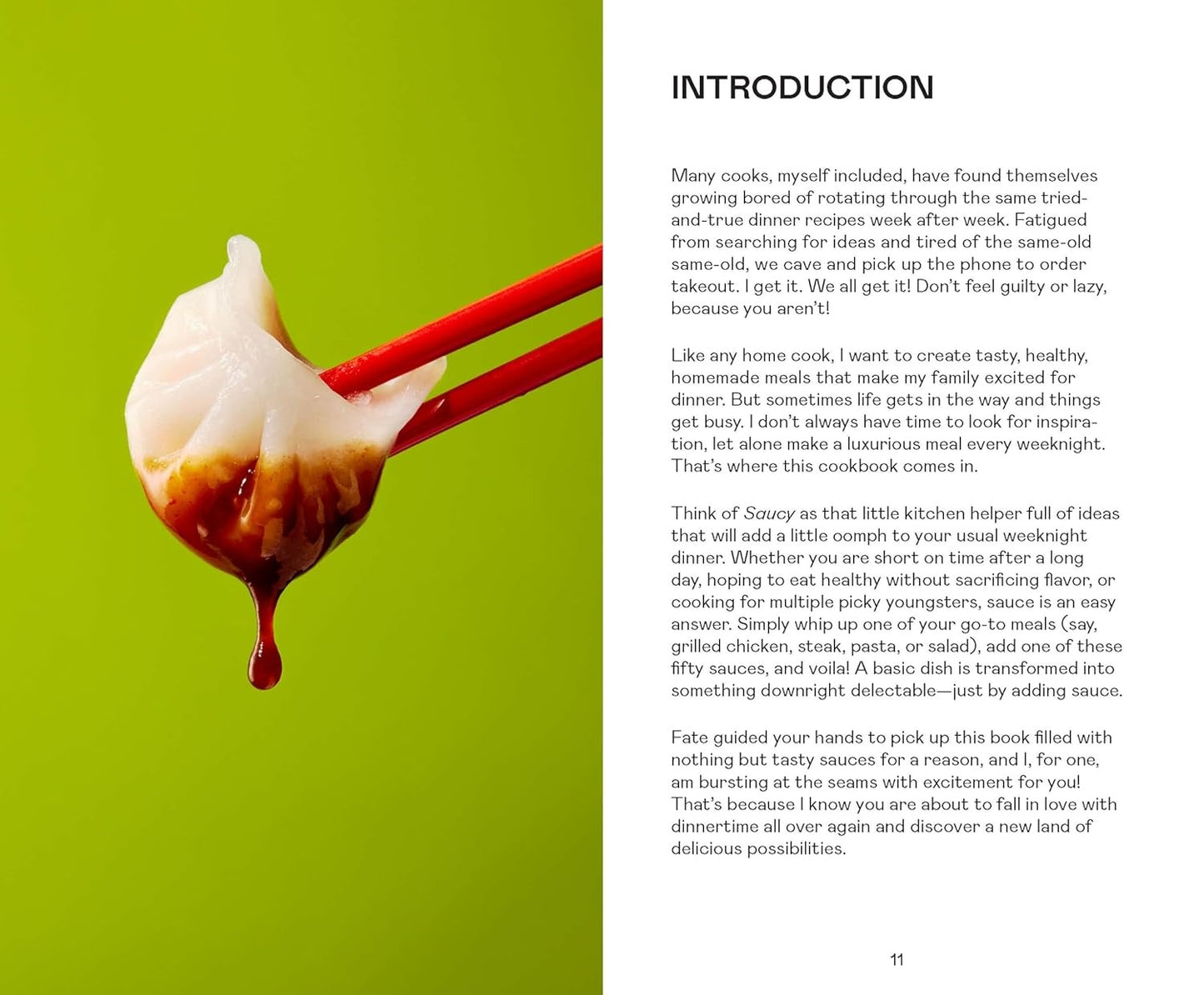 Book page with a peking ravioli and red chopsticks on a green background, text on a white background.