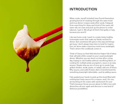 Book page with a peking ravioli and red chopsticks on a green background, text on a white background.