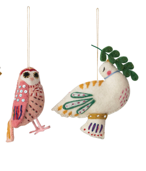 Felt Owl and Dove Holiday Ornament Set