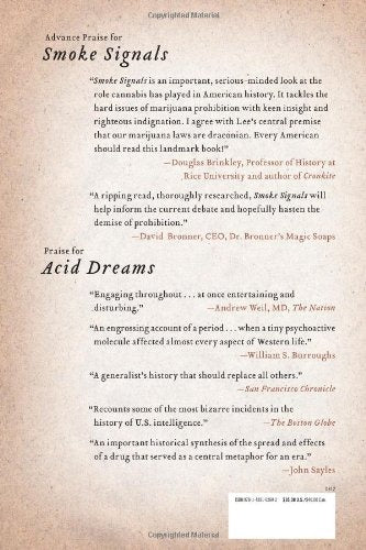 Book cover with text praising 'Smoke Signals' and 'Acid Dreams' on a textured beige background.