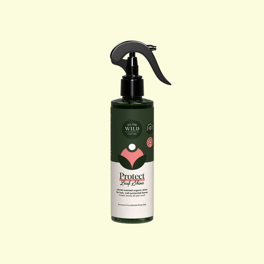 A bottle of Wild Harvest Protect Leaf Choke spray with a black trigger sprayer and a dark green and white label, centered on a pale yellow background.