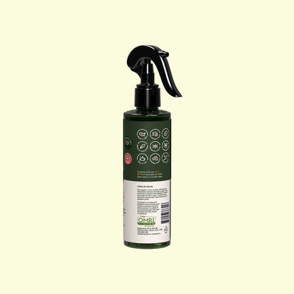 Green spray bottle with black nozzle on a beige background