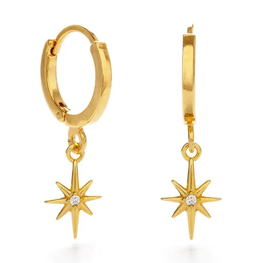 Gold hoop earrings with star-shaped charms on a white background