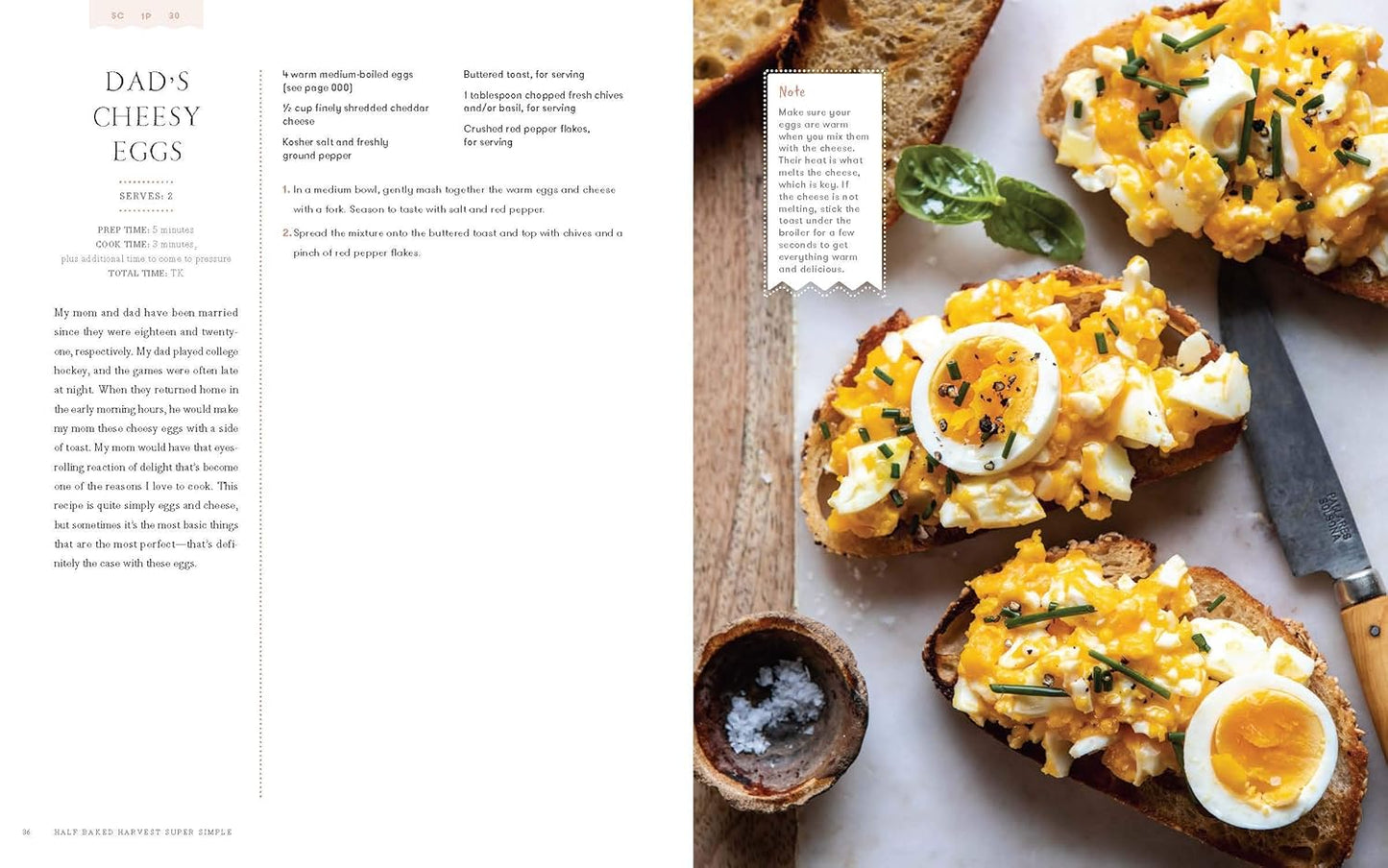 Recipe for 'Dad's Cheesy Eggs' on toast with text on the left