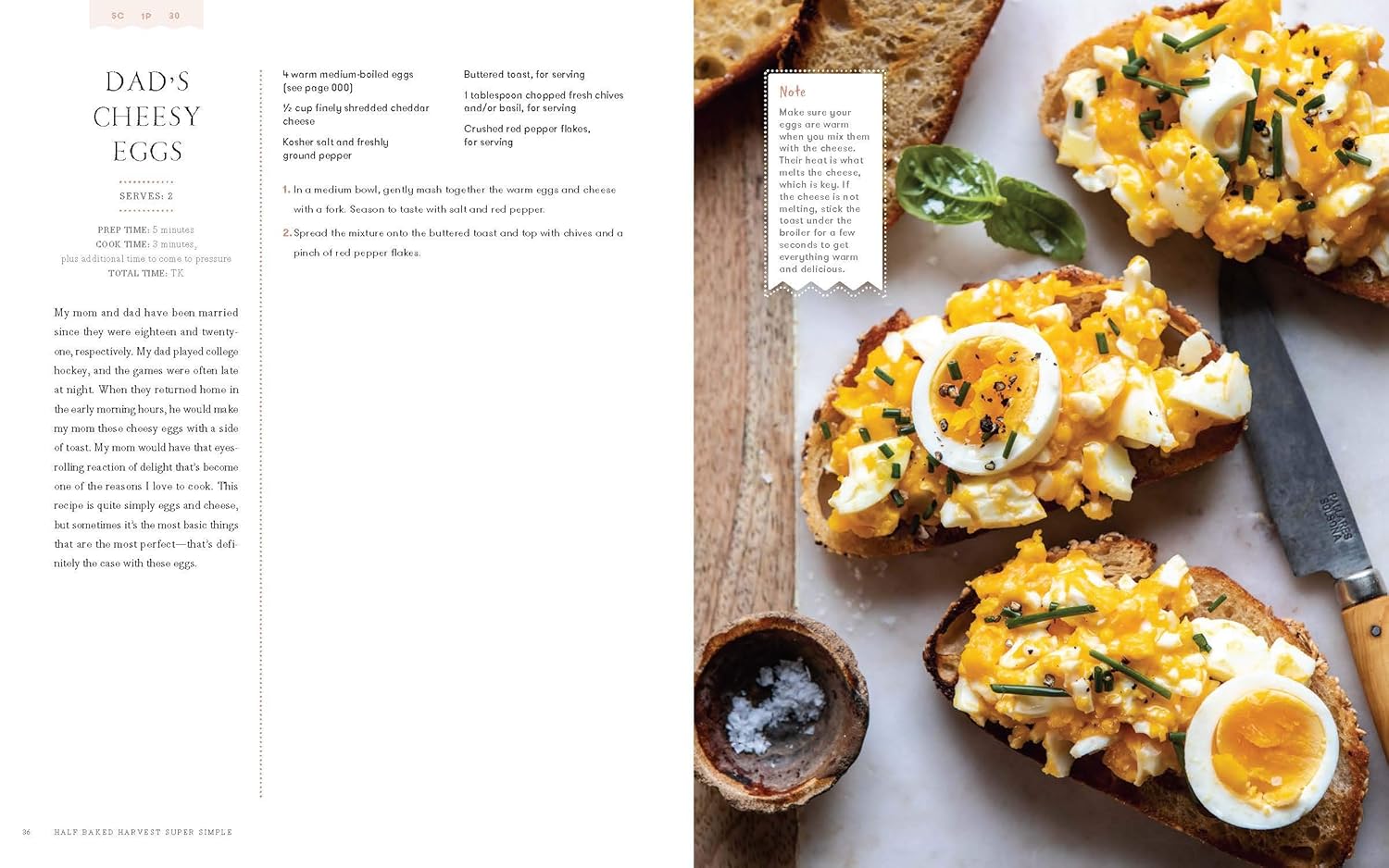 Recipe for 'Dad's Cheesy Eggs' on toast with text on the left