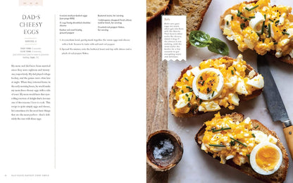 Recipe for 'Dad's Cheesy Eggs' on toast with text on the left