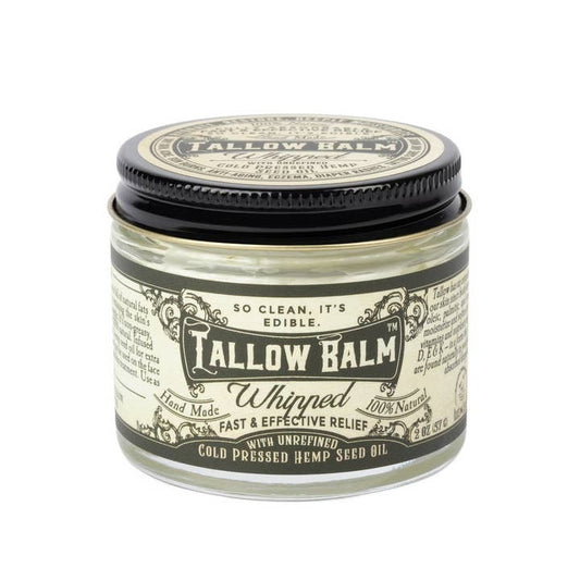 Jar of Tallow Balm with black lid on a white background
