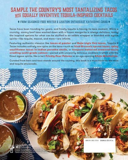Promotional image for a book about tacos and tequila cocktails with a plate of tacos and drinks on a blue background.