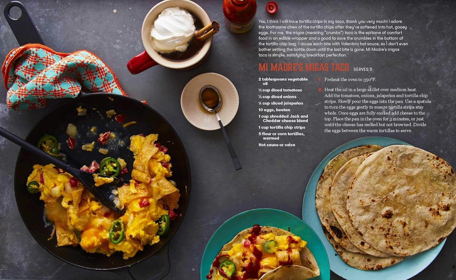 Breakfast setting with eggs, tortillas, and coffee on a dark surface.