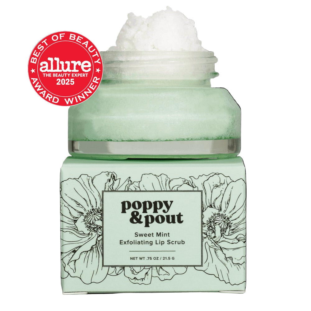 Poppy & Pout Sweet Mint Exfoliating Lip Scrub jar with floral design and Allure Best of Beauty 2025 award badge.