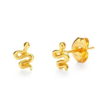 A pair of gold snake stud earrings, one shown from the front and the other from the side/back, on a clean white background.