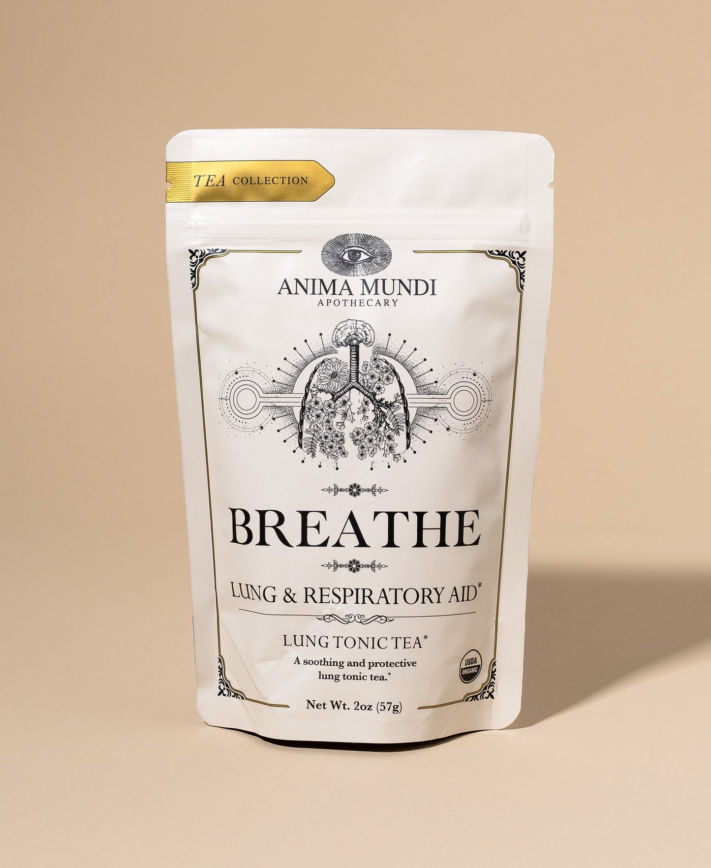Anima Mundi Apothecary 'Breathe' lung tonic tea package on a beige background
