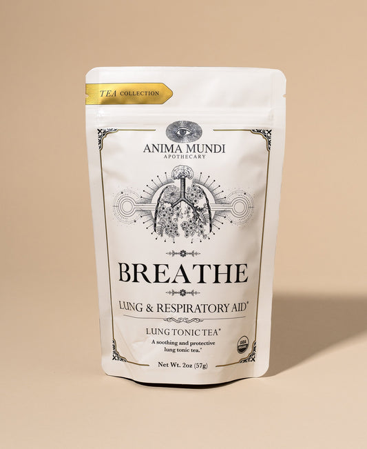 Anima Mundi Apothecary 'Breathe' lung tonic tea package on a beige background