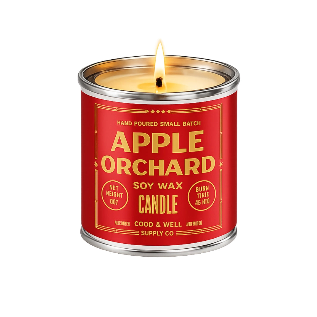 A lit candle in a cylindrical metal tin with a bright red label reading 'APPLE ORCHID' and 'SOY WAX CANDLE' in gold lettering. The candle is centered on a plain white background.