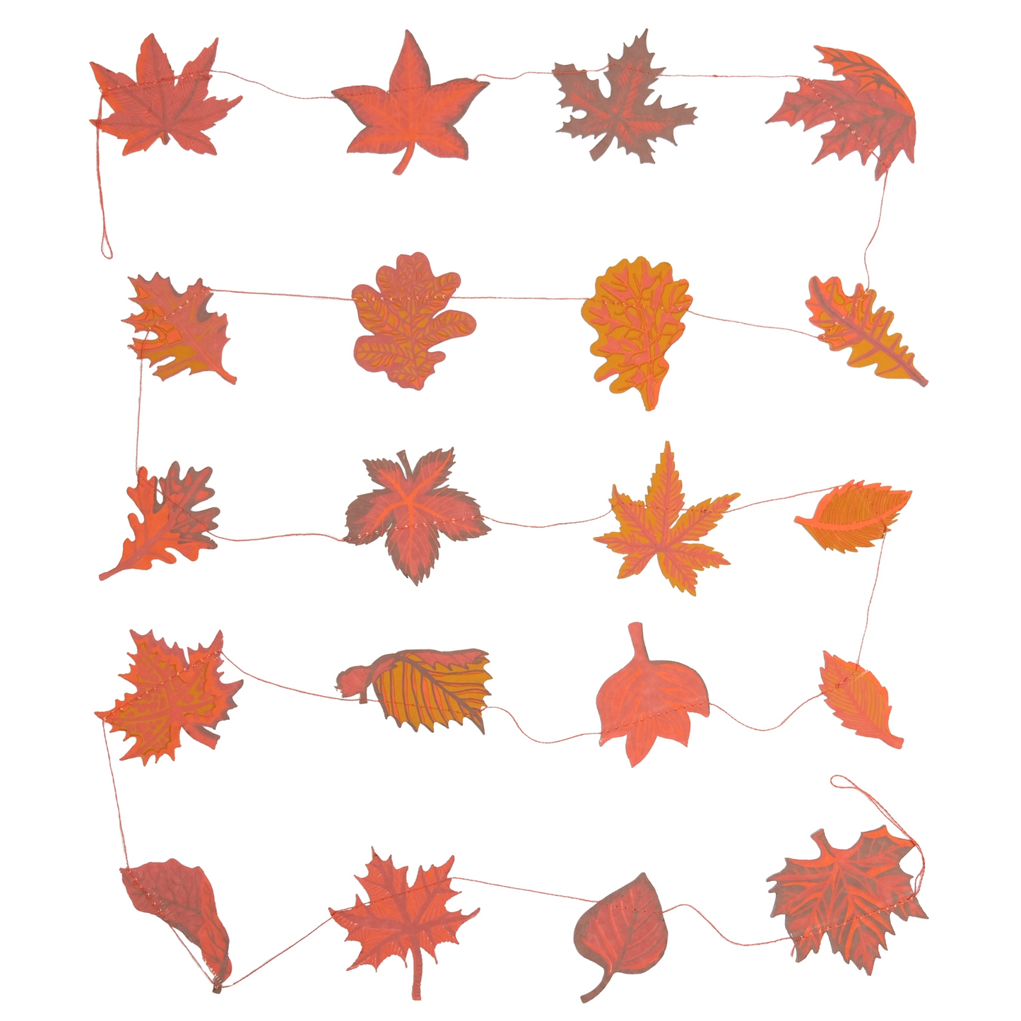 An autumn leaf garland featuring various red, orange, and brown maple and oak leaves connected by a thin pink string, shown against a plain white background.