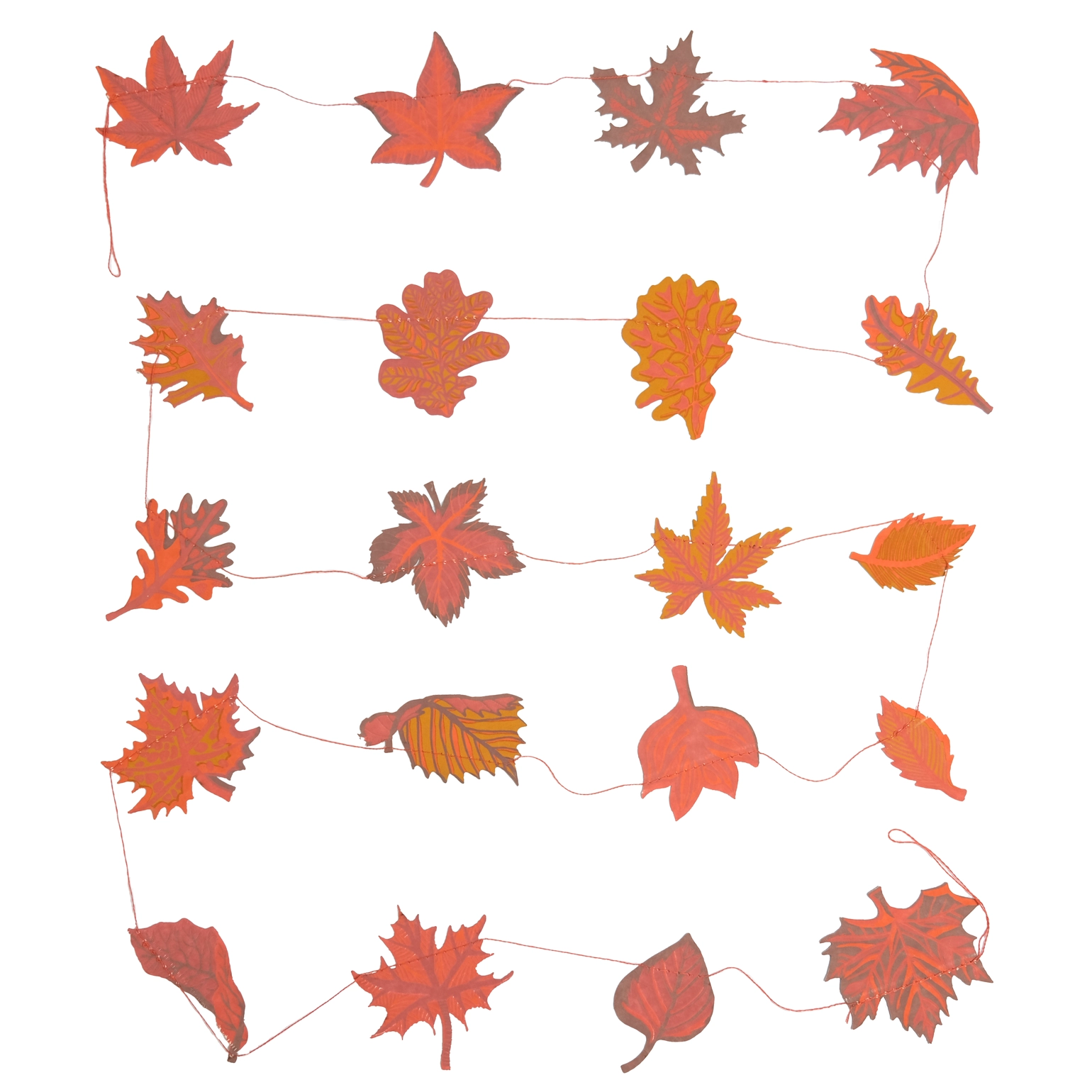 An autumn leaf garland featuring various red, orange, and brown maple and oak leaves connected by a thin pink string, shown against a plain white background.