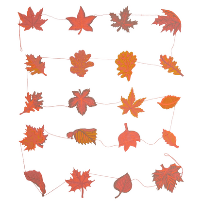 An autumn leaf garland featuring various red, orange, and brown maple and oak leaves connected by a thin pink string, shown against a plain white background.