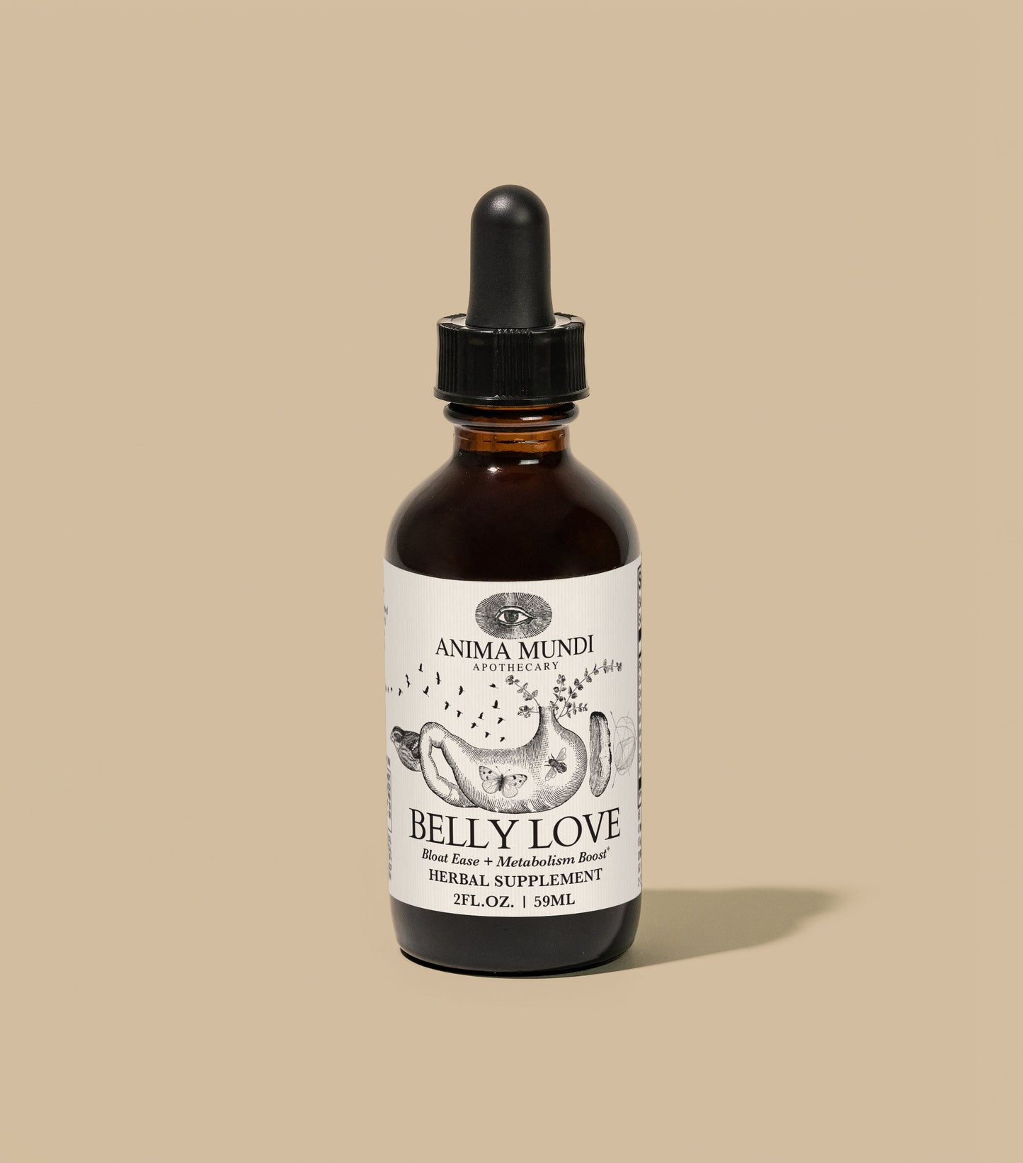 Bottle of 'Belly Love' herbal supplement with a dropper on a beige background