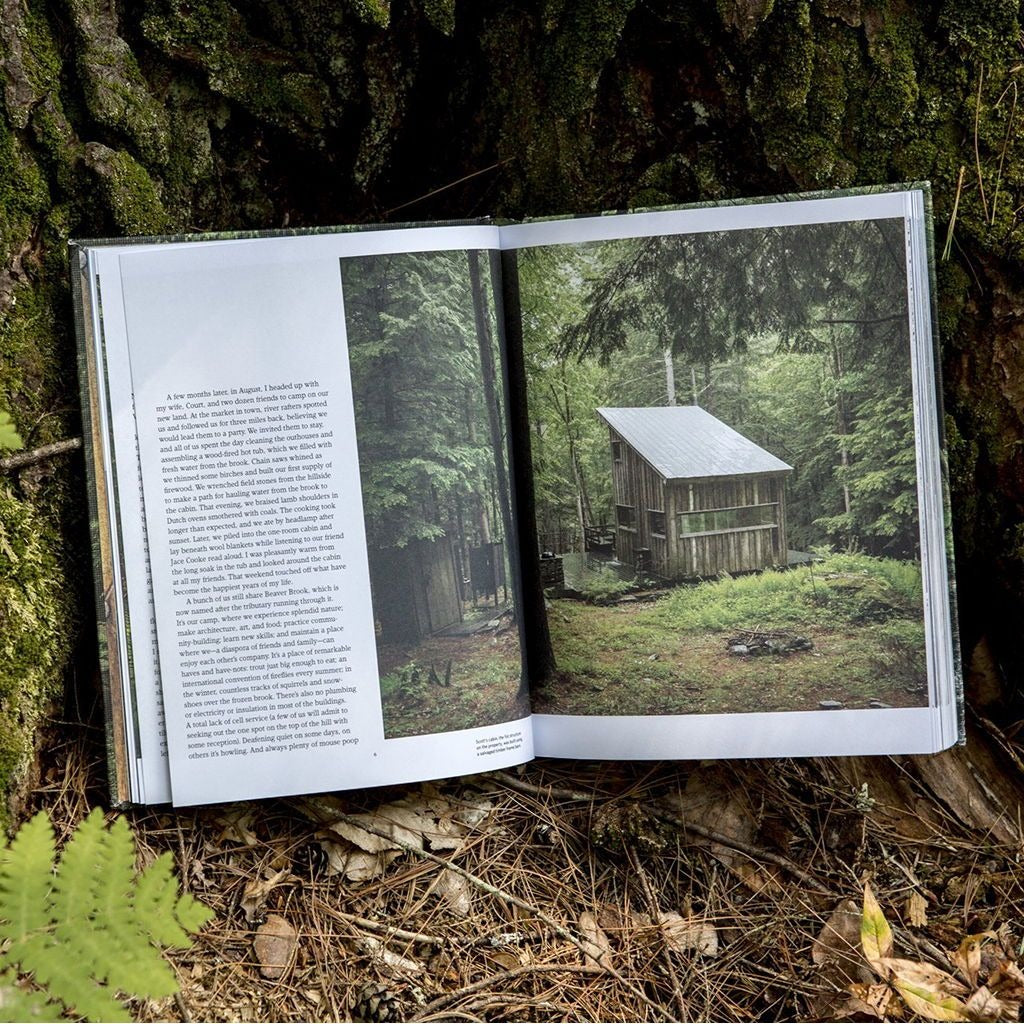 Open book showing a forest scene with a cabin on a tree trunk.
