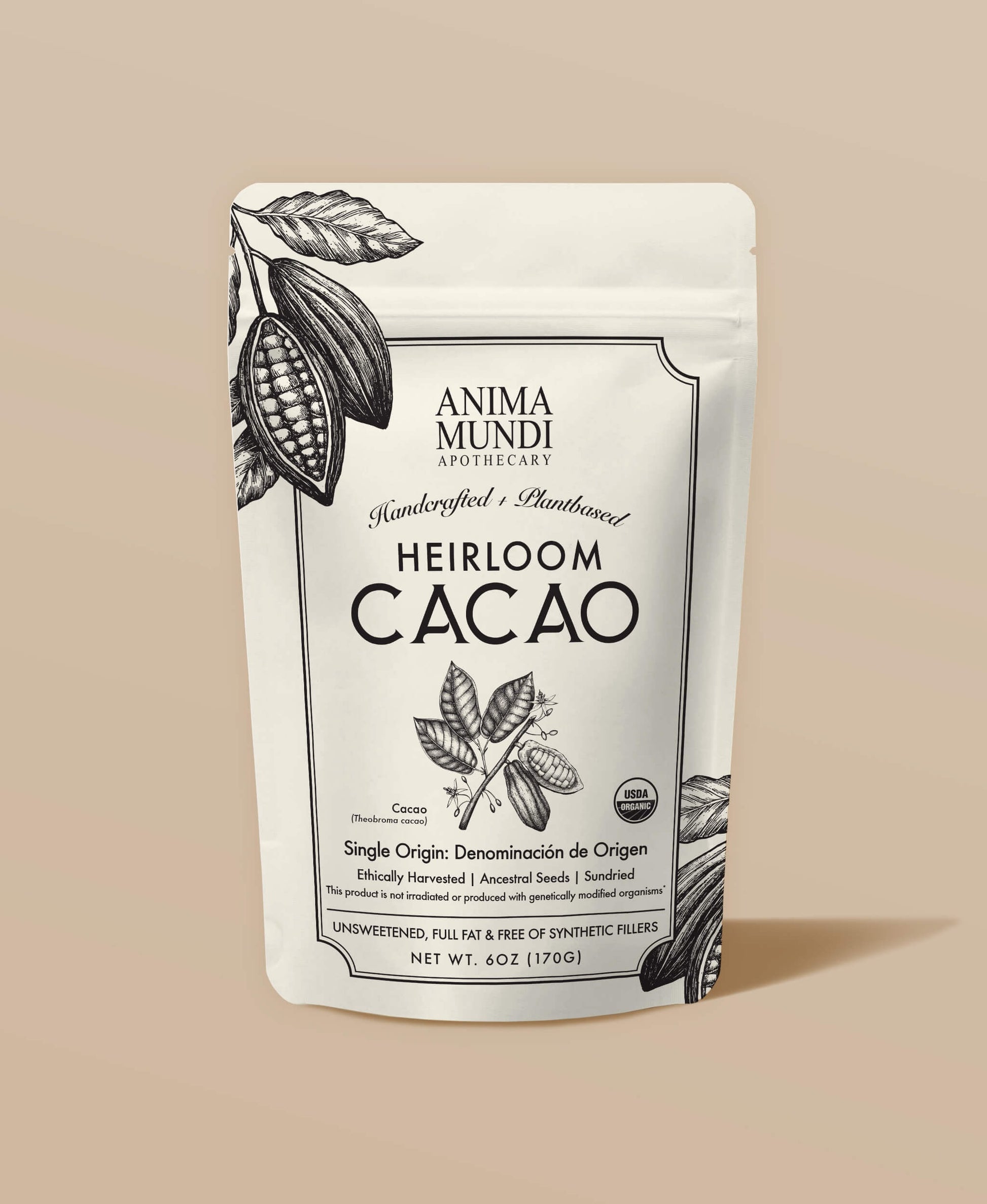 Anima Mundi Heirloom Cacao packaging on a beige background
