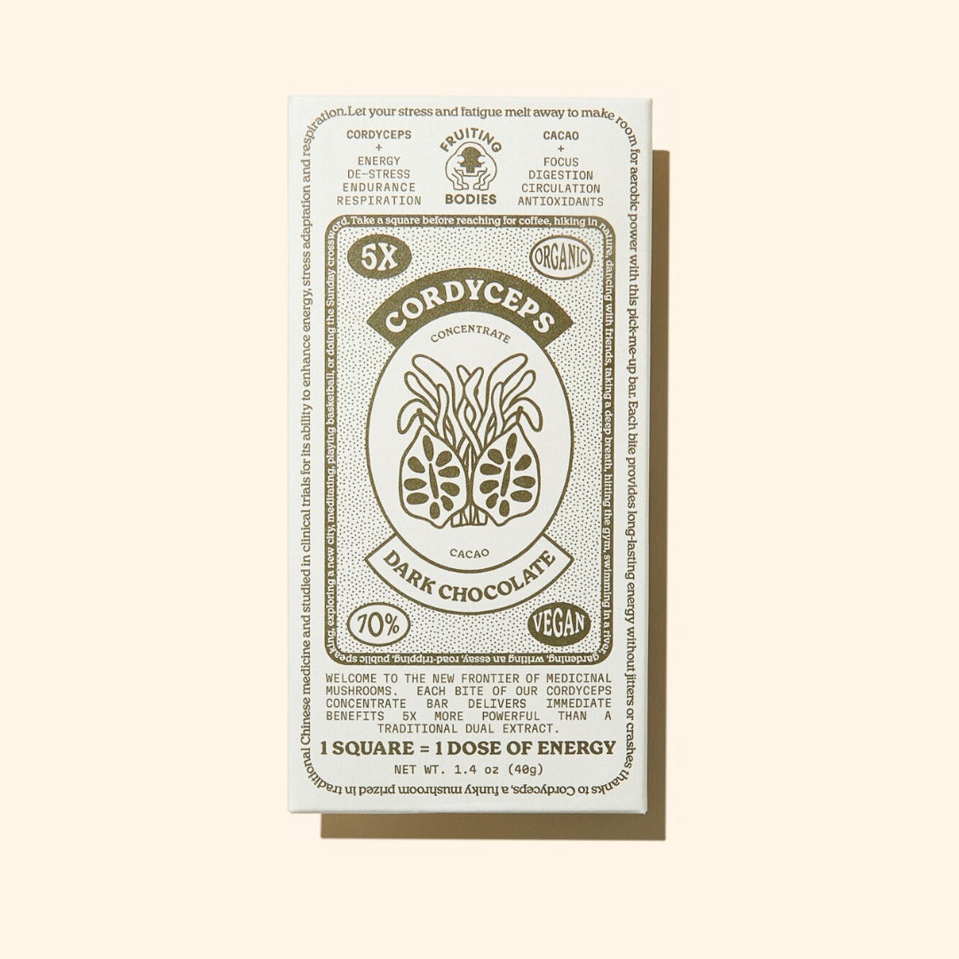 Cordyceps dark chocolate packaging on a beige background