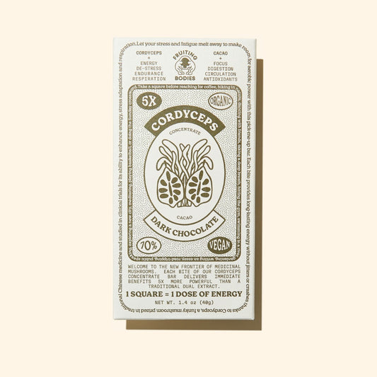 Cordyceps dark chocolate packaging on a beige background